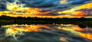 Fiery sunset clouds mirrored in still water above a dark tree-lined shoreline.