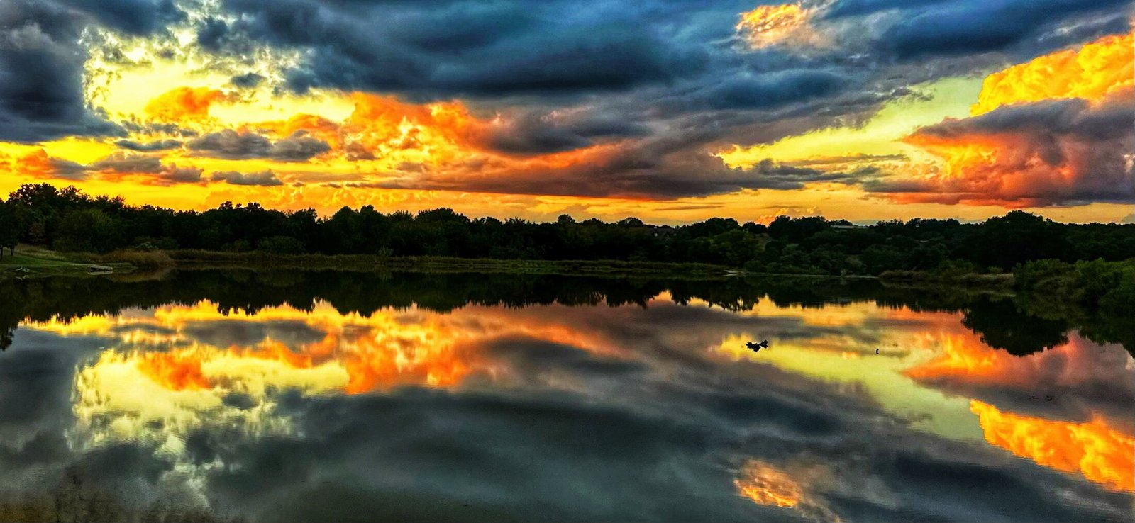 Fiery sunset clouds mirrored in still water above a dark tree-lined shoreline.