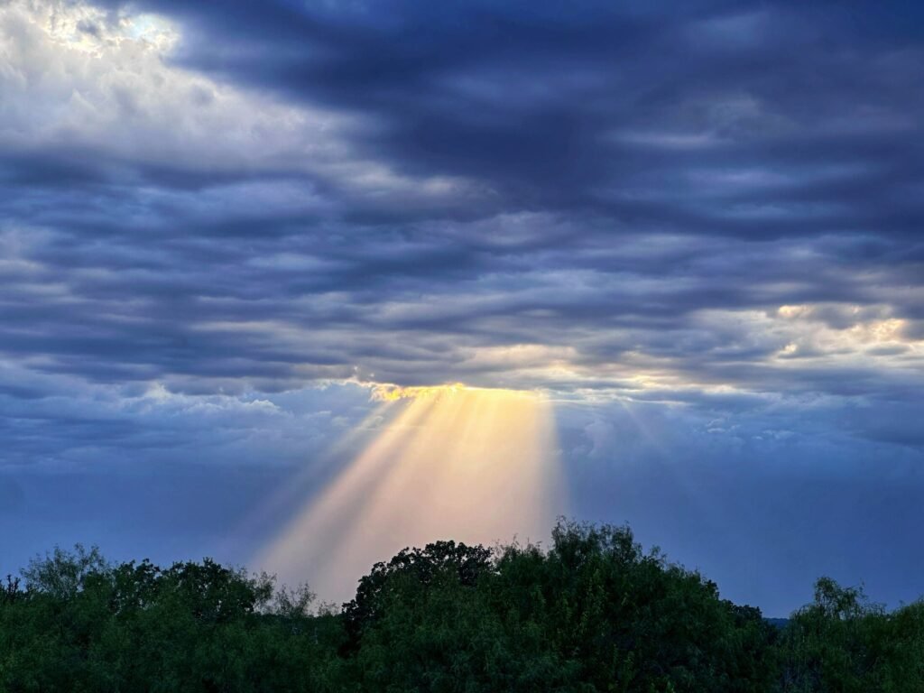 Shafts of sunlight break through blue storm clouds above a dark line of trees.